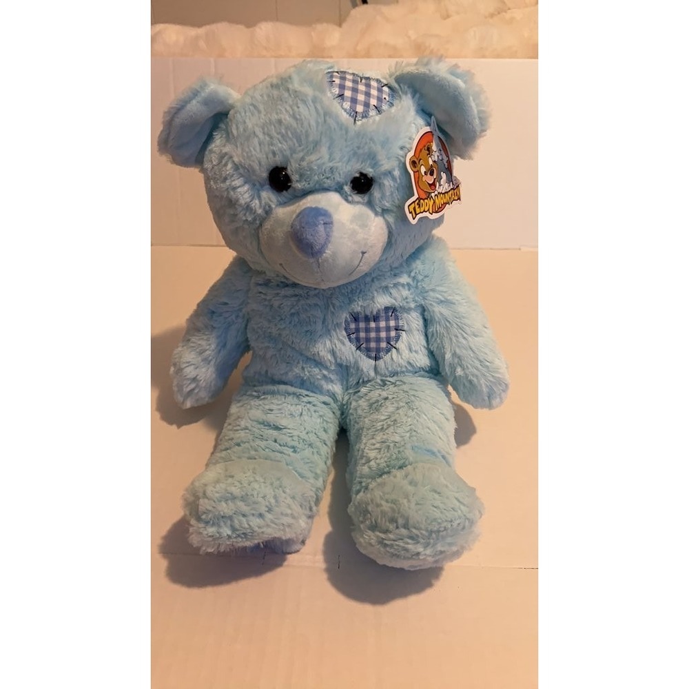 Teddy Mountain Blue Plush Bear with Gingham Accents